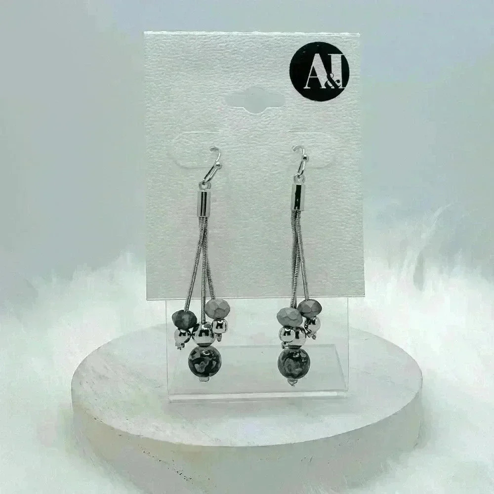 Gray Stone Beads Dangling Earrings